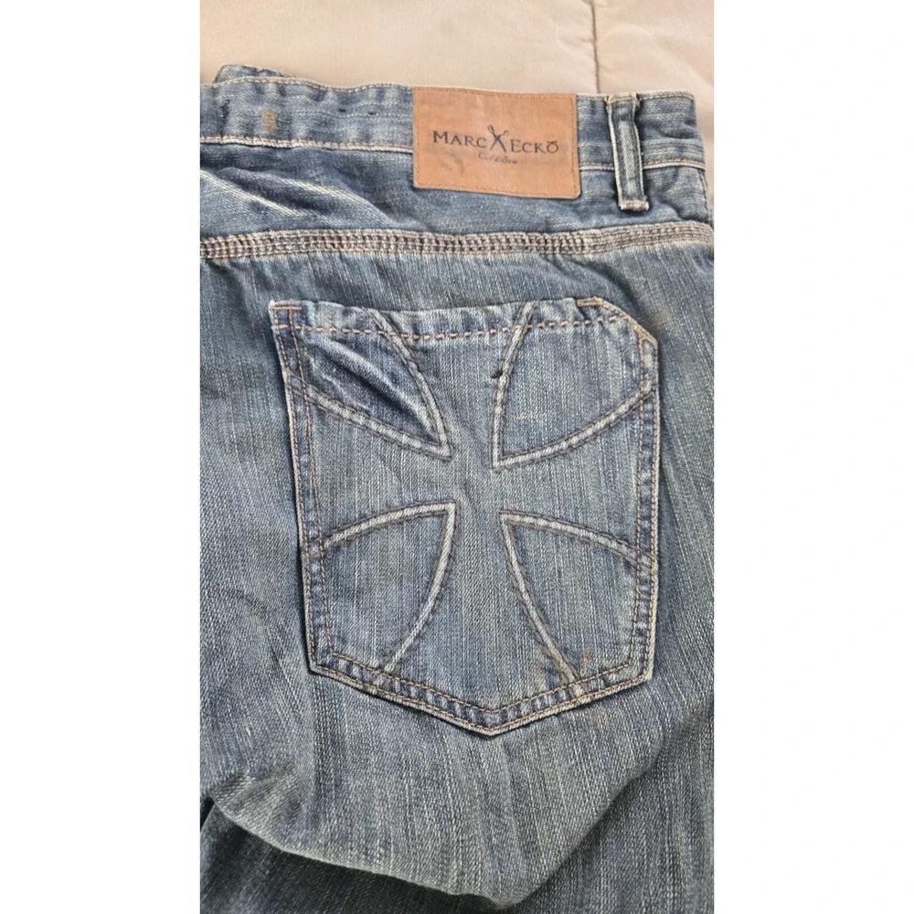 Marc Ecko Cut & Sew Boot Cut Jeans Mens 36x32 Y2K Skull Rivets Denim Pants
